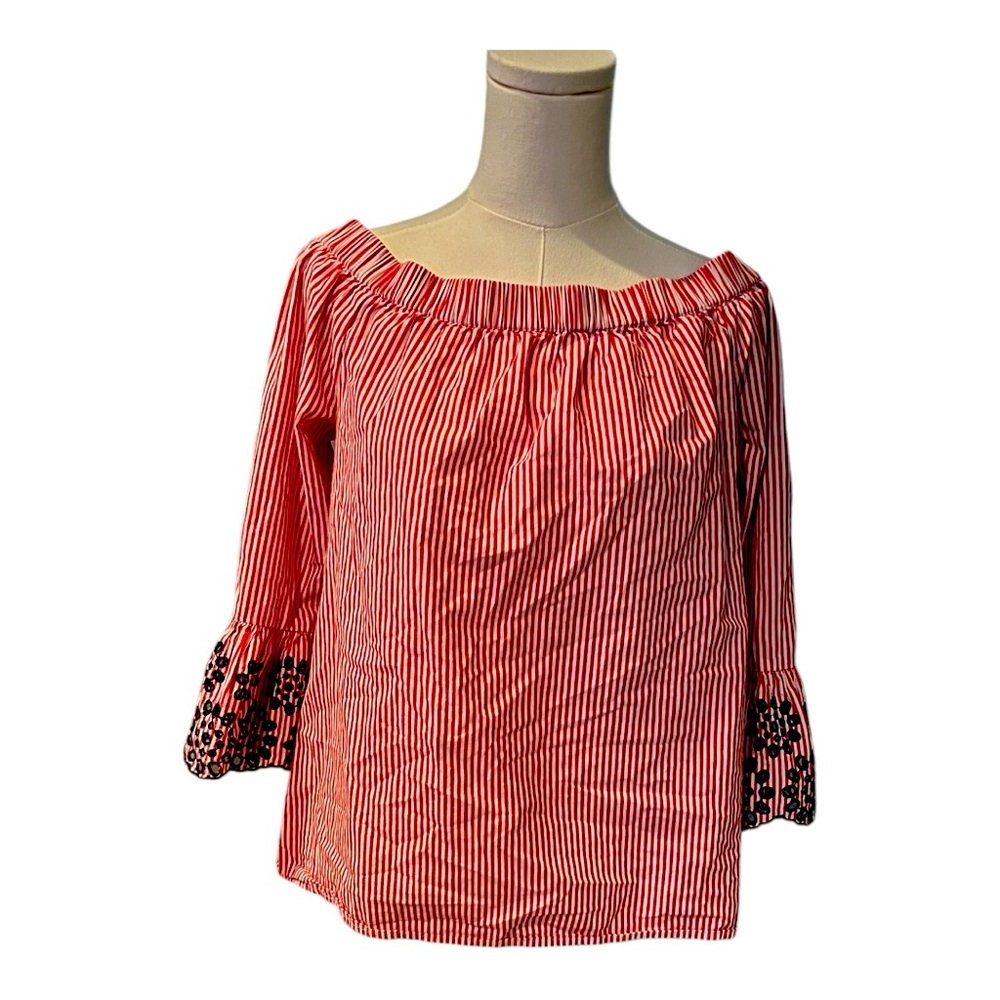 Beach Lunch Lounge Red White‎ Boho Striped Off Shoulder Top Medium